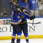 St. Louis Blues' Vladimir Tarasenko, right, of Russia, celebrates with Patrik Berglund after scoring a goal during the third period of an NHL hockey game against the Arizona Coyotes, Monday, April 4, 2016, in St. Louis. The Blues won the game 5-2. (AP Photo/Billy Hurst)