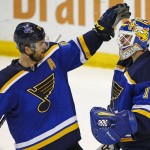 St. Louis Blues goalie Brian Elliott, right, is congratulated by Alex Pietrangelo after defeating the Arizona Coyotes in an NHL hockey game Monday, April 4, 2016, in St. Louis. The Blues won the game 5-2. (AP Photo/Billy Hurst)