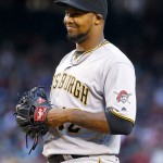 Pittsburgh Pirates starting pitcher Juan Nicasio smiles at the umpire after a called ball against the Arizona Diamondbacks during the fifth inning of a baseball game, Saturday, April 23, 2016, in Phoenix. (AP Photo/Matt York)