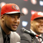 San Francisco 49ers first-round draft picks, DeForest Buckner, left,  from Oregon, and Joshua Garnett, right, from Stanford, answers questions during an NFL football news conference in Santa Clara, Calif., Friday, April 29, 2016. (AP Photo/Tony Avelar)