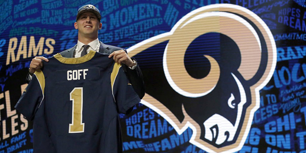 California's Jared Goff poses for photos after being selected by the Los Angeles Rams as the first ...
