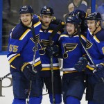 St. Louis Blues' Vladimir Tarasenko (91), of Russia, is congratulated by teammates Colton Parayko (55), Patrik Berglund (21), of Sweden, and Dmitrij Jaskin, (23) of Russia, after scoring a goal during the third period of an NHL hockey game against the Arizona Coyotes, Monday, April 4, 2016, in St. Louis. The Blues won the game 5-2. (AP Photo/Billy Hurst)