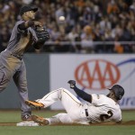 Arizona Diamondbacks second baseman Jean Segura, left, throws to first base after forcing out San Francisco Giants' Denard Span (2) at second base during the second inning of a baseball game in San Francisco, Monday, April 18, 2016. (AP Photo/Jeff Chiu)