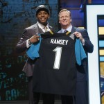 Florida State's Jalen Ramsey poses for photos with NFL commissioner Roger Goodell after being selected by Jacksonville Jaguars as fifth pick in the first round of the 2016 NFL football draft, Thursday, April 28, 2016, in Chicago. (AP Photo/Charles Rex Arbogast)