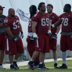 Members of the offensive line wait during Arizona Cardinals OTAs Tuesday, May 17. (Photo by Adam Green/Arizona Sports)