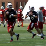 QBs Stephen Rivers and Jake Coker drop back to pass during Cardinals rookie mini-camp Friday, May 6. (Photo by Adam Green/Arizona Sports)