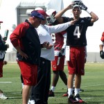 Head coach Bruce Arians looks at his notes while QB coach Freddie Kitchens directs QB Stephen Rivers during Cardinals rookie mini-camp Friday, May 6. (Photo by Adam Green/Arizona Sports)