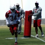 CB Harlan Miller finishes a drill during Cardinals rookie mini-camp Friday, May 6. (Photo by Adam Green/Arizona Sports)