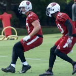 Tight end Troy Niklas (87) and receiver Jaron Brown (13) go through a drill during Arizona Cardinals OTAs Tuesday, May 17. (Photo by Adam Green/Arizona Sports)
