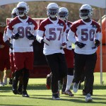Cardinals linebackers run onto the field during OTAs Tuesday, May 31. (Photo by Adam Green/Arizona Sports)