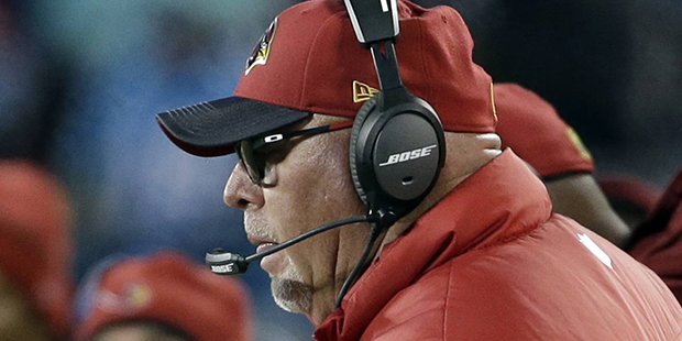 Arizona Cardinals head coach Bruce Arians calls a play during the second half the NFL football NFC ...