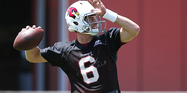 Arizona Cardinals quarterback Jake Coker throws a pass during the team's NFL football rookie camp p...