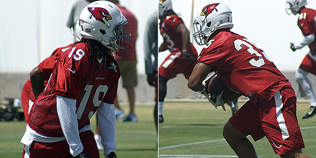 Christopher Hubert (19) and Elijhaa Penny (35) impressed the Cardinals over the three-day rookie mi...