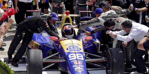 Alexander Rossi congratulated after winning the 100th running of the Indianapolis 500 auto race as ...