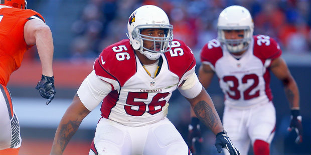 Arizona Cardinals outside linebacker LaMarr Woodley (56) lines up against the Cleveland Browns duri...
