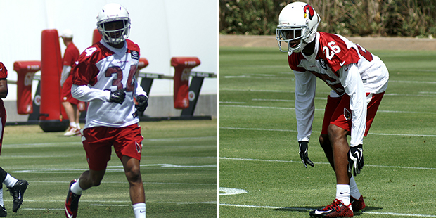 Harlan Miller (34) and Brandon WIlliams (26) during Cardinals rookie mini-camp. (Photo by Adam Gree...