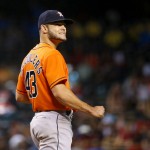 Houston Astros starting pitcher Lance McCullers (43) looks to his dugout after a strikeout against the Arizona Diamondbacks during the sixth inning of a baseball game, Tuesday, May 31, 2016, in Phoenix. (AP Photo/Matt York)
