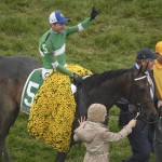 Kent Desormeaux atop Exaggerator celebrates winning the 141st Preakness Stakes horse race at Pimlico Race Course, Saturday, May 21, 2016, in Baltimore. (AP Photo/Nick Wass)