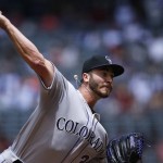 Colorado Rockies' Chad Bettis throws a pitch against the Arizona Diamondbacks during the first inning of a baseball game, Sunday, May 1, 2016, in Phoenix. (AP Photo/Ross D. Franklin)