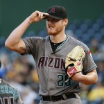 Arizona Diamondbacks starting pitcher Shelby Miller collects himself on the mound after giving up a three run home run to Pittsburgh Pirates' Gregory Polanco during the first inning of a baseball game against the Pittsburgh Pirates in Pittsburgh, Tuesday, May 24, 2016. (AP Photo/Gene J. Puskar)