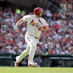 St. Louis Cardinals' Matt Adams rounds the bases after hitting a solo home run during the sixth inning of a baseball game against the Arizona Diamondbacks, Saturday, May 21, 2016, in St. Louis. (AP Photo/Jeff Roberson)