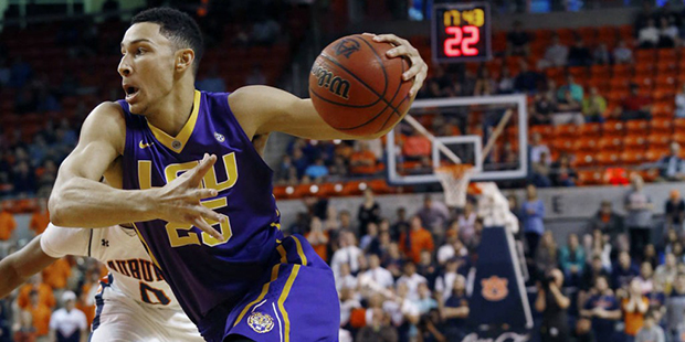 FILE - In this Tuesday, Feb. 2, 2016 file photo, LSU's Ben Simmons drives to the basket against Aub...
