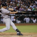 New York Yankees' Mark Teixeira connects for a double against the Arizona Diamondbacks during the fourth inning of a baseball game, Monday, May 16, 2016, in Phoenix. (AP Photo/Ross D. Franklin)