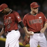 Arizona Diamondbacks manager Chip Hale (3) removes pitcher Rubby De La Rosa (12) from a baseball game during the seventh inning of a baseball game against the San Francisco Giants, Sunday, May 15, 2016, in Phoenix. (AP Photo/Matt York)