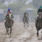 Exaggerator, right, with Kent Desormeaux aboard wins the 141st Preakness Stakes horse race at Pimlico Race Course, Saturday, May 21, 2016, in Baltimore. Cherry Wine, left, with Corey Lanerie aboard places second and Nyquist with Mario Gutierrez riding placed third. (AP Photo/Patrick Semansky)