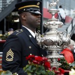 The Woodlawn Vase is moved by Army 1st Sgt. Jonathan McGlone ahead of the 141st Preakness Stakes horse race at Pimlico Race Course, Saturday, May 21, 2016, in Baltimore. The Woodlawn Vase  is an American trophy given annually to the winning owner of the Preakness Stakes horse race. (AP Photo/Garry Jones)