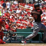 Arizona Diamondbacks' Paul Goldschmidt drives in Jean Segura (not pictured) during the first inning of a baseball game against the St. Louis Cardinals, Sunday, May 22, 2016, in St. Louis. (AP Photo/Billy Hurst)