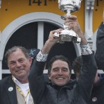 Trainer Keith Desormeaux holds a trophy after Exaggerator with Kent Desormeaux atop won the 141st Preakness Stakes horse race at Pimlico Race Course, Saturday, May 21, 2016, in Baltimore.  (AP Photo/Matt Slocum)