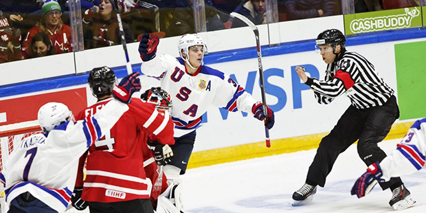 USA's Auston Matthews celebrates his 4-2 goal during the 2016 IIHF World Junior Ice Hockey Champion...
