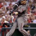 Arizona Diamondbacks' Chris Herrmann hits a two-run single during the first inning of a baseball game against the St. Louis Cardinals Friday, May 20, 2016, in St. Louis. (AP Photo/Jeff Roberson)