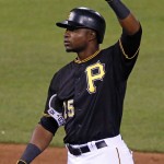 Pittsburgh Pirates' Gregory Polanco stands on second a celebrates driving in two runs with a double Arizona Diamondbacks relief pitcher Andrew Chafin during the sixth inning of a baseball game in Pittsburgh, Tuesday, May 24, 2016. (AP Photo/Gene J. Puskar)