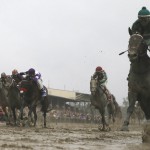 Nyquist with Mario Gutierrez aboard, third from left, lags behind Exaggerator with Kent Desormeaux aboard during the 141st Preakness Stakes horse race at Pimlico Race Course, Saturday, May 21, 2016, in Baltimore. Exaggerator won the race. (AP Photo/Matt Slocum)