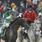 Kent Desormeaux ridding Exaggerator celebrates the win at the 141st Preakness Stakes horse race at Pimlico Race Course, Saturday, May 21, 2016, in Baltimore.  (AP Photo/Matt Slocum)