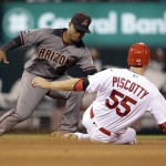 St. Louis Cardinals' Stephen Piscotty (55) is tagged out by Arizona Diamondbacks second baseman Jean Segura while trying to steal second during the third inning of a baseball game Friday, May 20, 2016, in St. Louis. (AP Photo/Jeff Roberson)