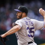 Colorado Rockies' Chad Bettis throws a pitch against the Arizona Diamondbacks during the sixth inning of a baseball game, Sunday, May 1, 2016, in Phoenix. (AP Photo/Ross D. Franklin)