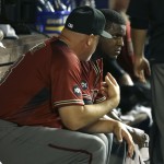 Arizona Diamondbacks starting pitcher Rubby De La Rosa, right, talks with pitching coach Mike Butcher, left, after pitching in the third inning of a baseball game against the Miami Marlins, Wednesday, May 4, 2016, in Miami. De La Rosa gave up three runs in the inning. (AP Photo/Lynne Sladky)