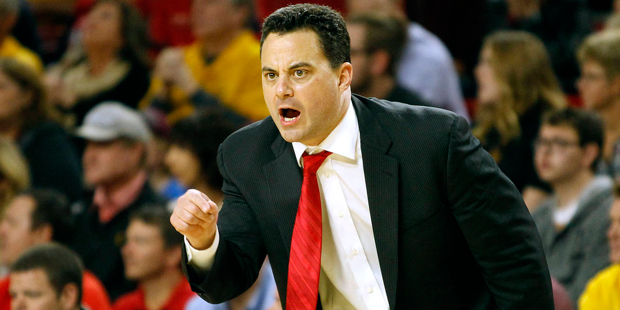 Arizona head coach Sean Miller calls instructions from the bench during the first half of an NCAA c...