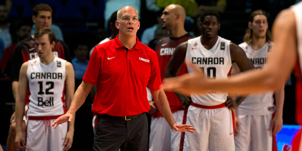 Canada coach Jay Triano gives directions to his players during a FIBA Americas Championship semifin...