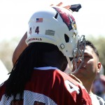 Linebacker Markus Golden has a camera placed on top of his helmet during mini-camp Tuesday, June 7. (Photo by Adam Green/Arizona Sports)