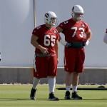 Members of the offensive line watch during Cardinals mini-camp Wednesday, June 8. (Photo by Adam Green/Arizona Sports)
