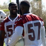 Linebacker Chandler Jones (55) shares a laugh with teammate Alex Okafor (57) during mini-camp Tuesday, June 7. (Photo by Adam Green/Arizona Sports)