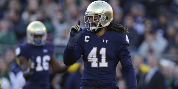 Notre Dame cornerback Matthias Farley (41) reacts to making a defensive stop against Wake Forest du...