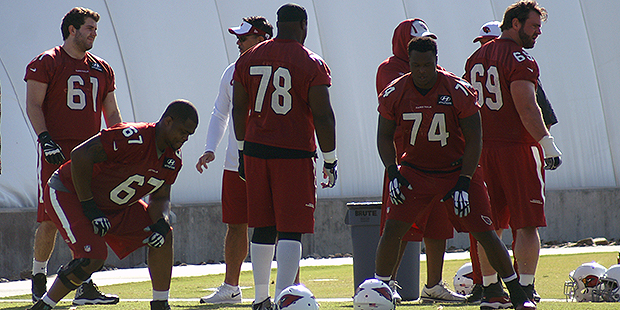 Cardinals offensive linemen get loose during an OTA practice. (Photo by Adam Green/Arizona Sports)...