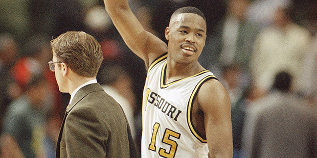 Missouri's Melvin Booker reacts triumphantly in Los Angeles, on March 25, 1994 after the Tigers defeated the Orangemen of Syracuse, 98-88, in overtime of their NCAA West Regional semifinal.      Booker scored seven of his 24 points in the OT to lead the Tigers into Saturday's Final against Arizona.   (AP Photo/Mark Terrill)