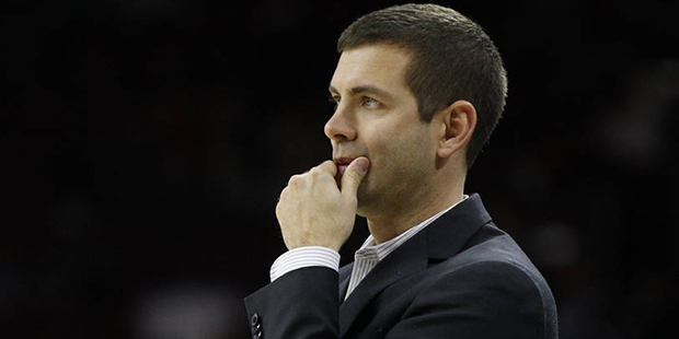 Boston Celtics' Brad Stevens looks on during the second half of an NBA basketball game against the ...
