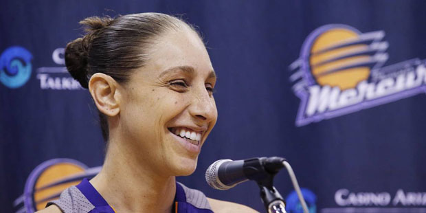 Phoenix Mercury's Diana Taurasi smiles as she speaks during a news conference at the team's basketb...
